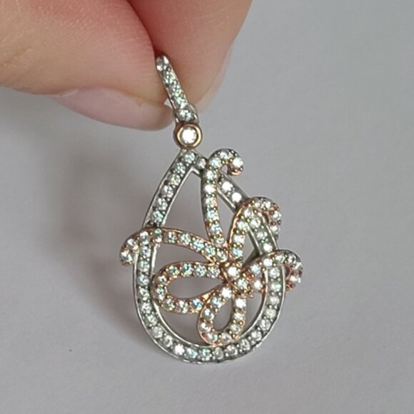 Sterling Silver Rose Gold Tone Crystal Butterfly Leaf Pendant - Picture 2 of 11